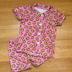 Kids Pink Smiley Face Pajama Set - Short Sleeve & Shorts
